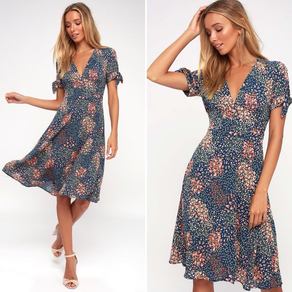 Lulus Austyn Navy Blue Floral Print Tie Sleeve Midi Dress • Size XS